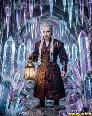 A blonde woman holds a lantern in a crystal cave