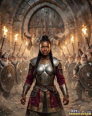 Steel armor covers a braided Black woman standing before dwarven warriors by torchlight