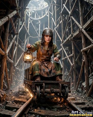 A woman in a steel helmet rides a mine cart down tracks by warm lantern light