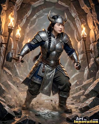 Crouching in a stone tunnel, a woman in horned armor raises a hammer