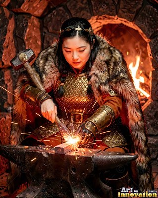 A woman in a fur cloak hammers hot metal at an anvil by a bright forge fire
