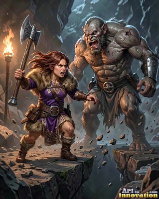 In a dark cavern, a dwarf woman raises an axe before a gray troll