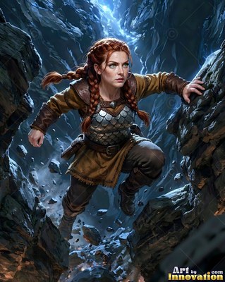 Climbing between dark rocks, a red-haired woman wears scale armor and leather