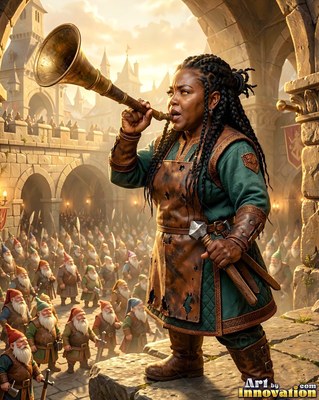 A dwarf woman blows a horn above a crowd of gnomes
