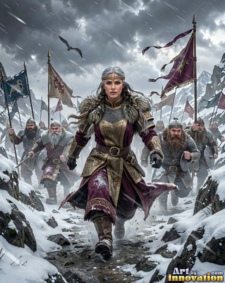 Fur on her shoulders, a woman leads an army along a snowy mountain pass