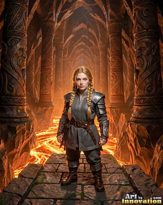 A woman stands on stone above lava streams that cast orange light upward