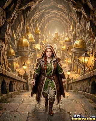 Walking forward, a hooded woman descends stone steps into a cavern city