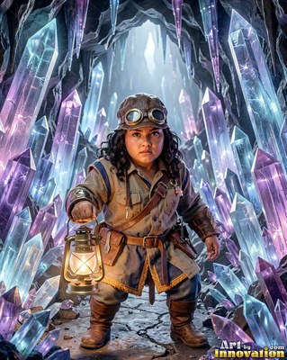 A dwarf woman holds a lantern in a cave full of purple crystals