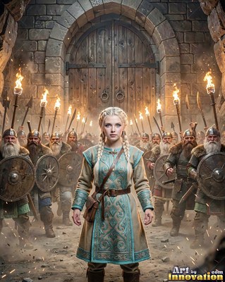 Before a stone gate, a blonde woman stands ahead of torch-bearing warriors