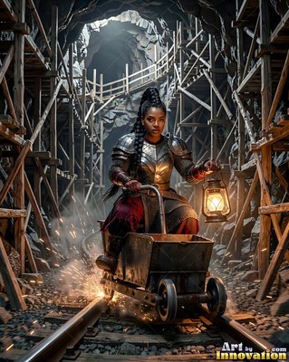 Riding a mine cart, an armored woman holds a lantern as sparks fly on the tracks