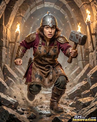 Woman in a helmet running through a stone mine with a hammer