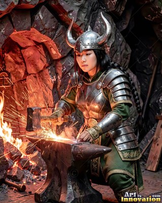 Wearing a horned iron helmet, an armored woman hammers metal on an anvil by fire sparks