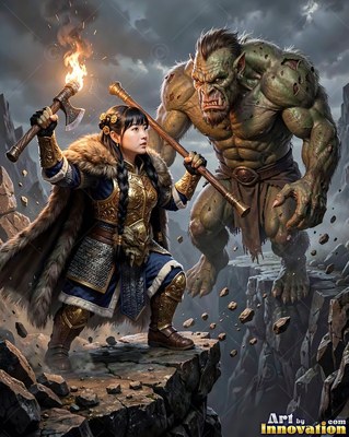 An armored woman raises an axe torch against a green ogre under warm firelight