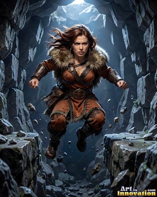 Leaping forward in a dark stone tunnel, a brown-clad dwarven woman flies over a chasm