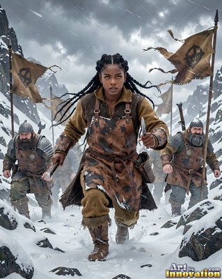 A braided Black dwarven woman charges through snowy mountains with armed men