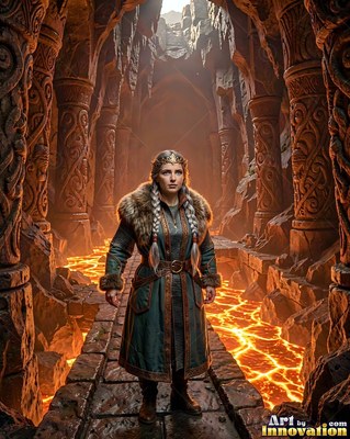 In a stone cavern with rivers of lava, a braided woman stands on a bridge