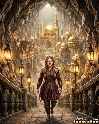 Walking down stone steps, a braided woman leaves a cavern city of gold domes