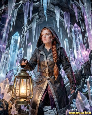 Woman in a hooded coat holds a lantern in a crystal cave