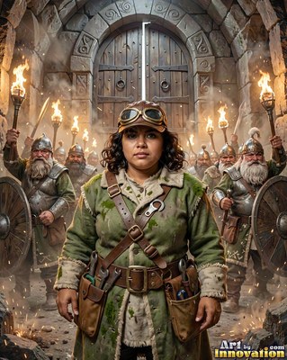 Wearing goggles, a dwarven woman stands in a green coat before armed guards in a stone gate