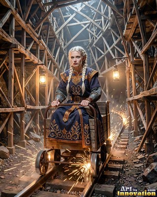 A blonde woman rides a mine cart down tracks as bright sparks fly from the wheels