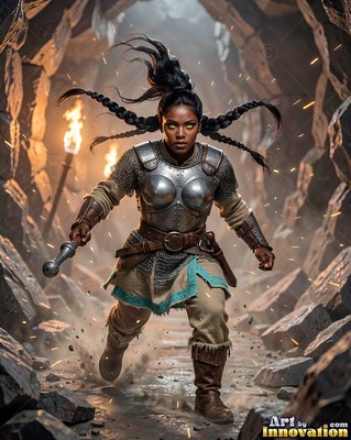 Charging forward through a stone tunnel, an armored woman runs with braids flying