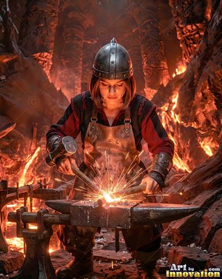 A dwarven woman in a helmet hammers hot iron on an anvil by the fire
