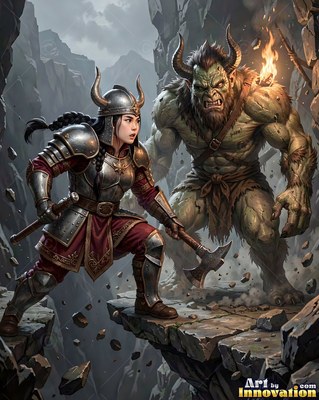 On a rocky mountain ledge, an armored dwarf woman faces a horned troll with her axe