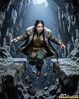 Leaping over a stone chasm, a woman wears a fur collar and green tunic inside a cave