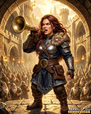 Dwarf woman in steel armor blowing a brass horn before an army