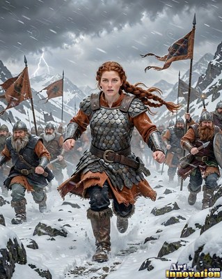 Red braids bounce behind a woman in scale armor as she charges through snowy mountains