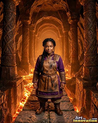 A woman stands on a stone path lit by warm orange lava below