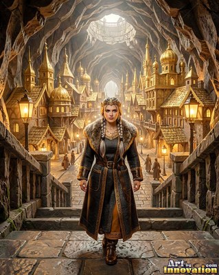 Standing on stone stairs, a woman wears a dark fur coat inside a golden cave city