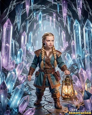 A blonde woman carries a brass lantern through a cave filled with purple crystals
