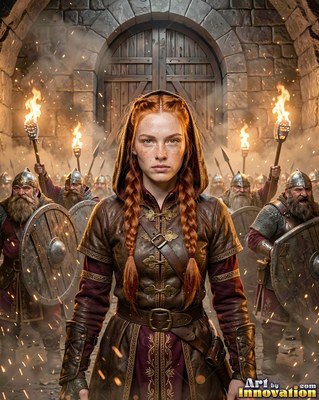 Before a stone gate, a red-haired woman in leather armor leads soldiers with torches