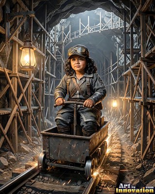 Riding a mine cart, a woman in goggles speeds down a dark tunnel on sparking rails