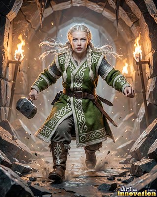 A blonde woman running with a hammer in a stone hall