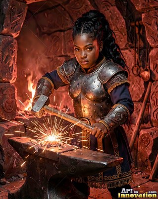 Riveted steel armor clothes a dwarf woman hammering hot metal on an anvil in a stone forge