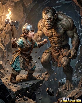 A dwarf woman raises a flaming axe at a giant troll in a cave lit by warm firelight