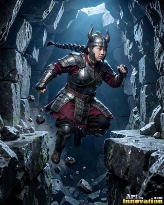 Leaping across a stone fissure, an armored woman runs through a cave
