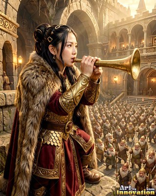 A woman in a fur cloak blows a brass horn above dwarf soldiers in a courtyard
