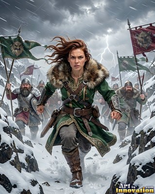 In a snowy pass, a fierce woman in a green coat charges ahead of soldiers