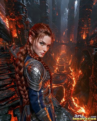 Looking back over her shoulder, a red-haired woman in armor stands above rivers of lava