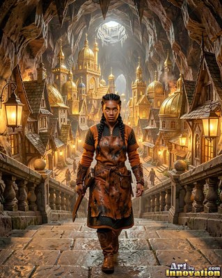 A braided dwarven woman in a leather apron walks down stone steps in a cave city