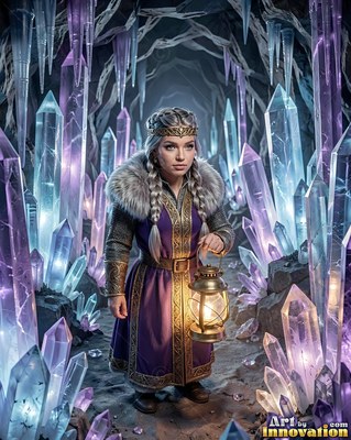 Braided blonde hair frames a woman holding a lantern in a crystal cave