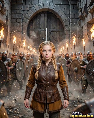 A blonde woman leads an army from stone gates under warm yellow torchlight