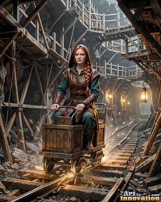 Seated in a wooden minecart, a red-haired woman rides down a dark track