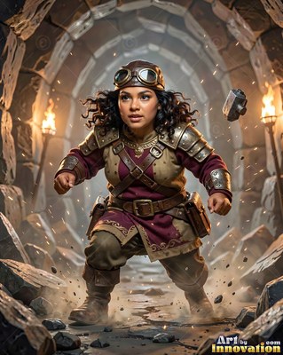 A woman in goggles and leather armor runs through a stone tunnel torch light