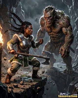 In a dark stone chasm, a dwarf woman with an ax faces a giant troll