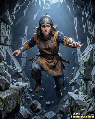 Leaping across a rocky chasm, a dwarven woman wears a steel helmet and leather apron