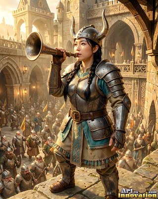 An armored woman blows a horn above an army